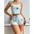 New european and american ribbed knit heart print cami and shorts set - sweet, casual, and perfect for loungewear or light outings