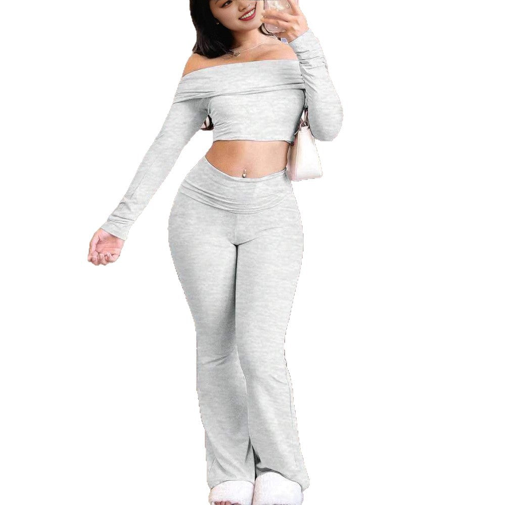 Tk  cross-border new arrival: off-the-shoulder long sleeve bodycon top and maxi pants two-piece set