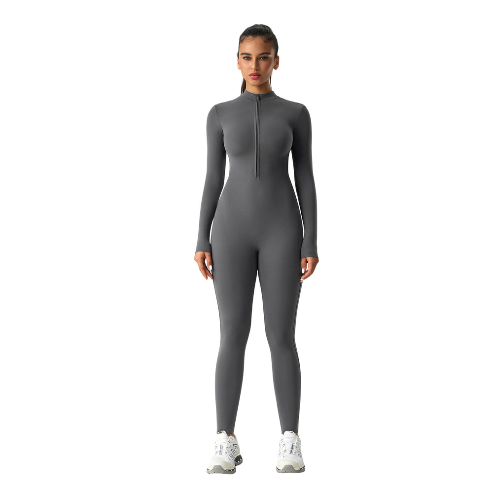 European and american high-stretch bodysuit yoga outfit - half-zip long sleeve workout suit - peach lift butt yoga leggings dlt002