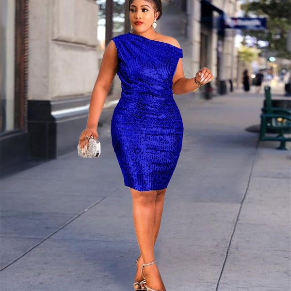Summer new plus size sexy shoulder sleeveless sequin dress banquet evening dress female sequin dress