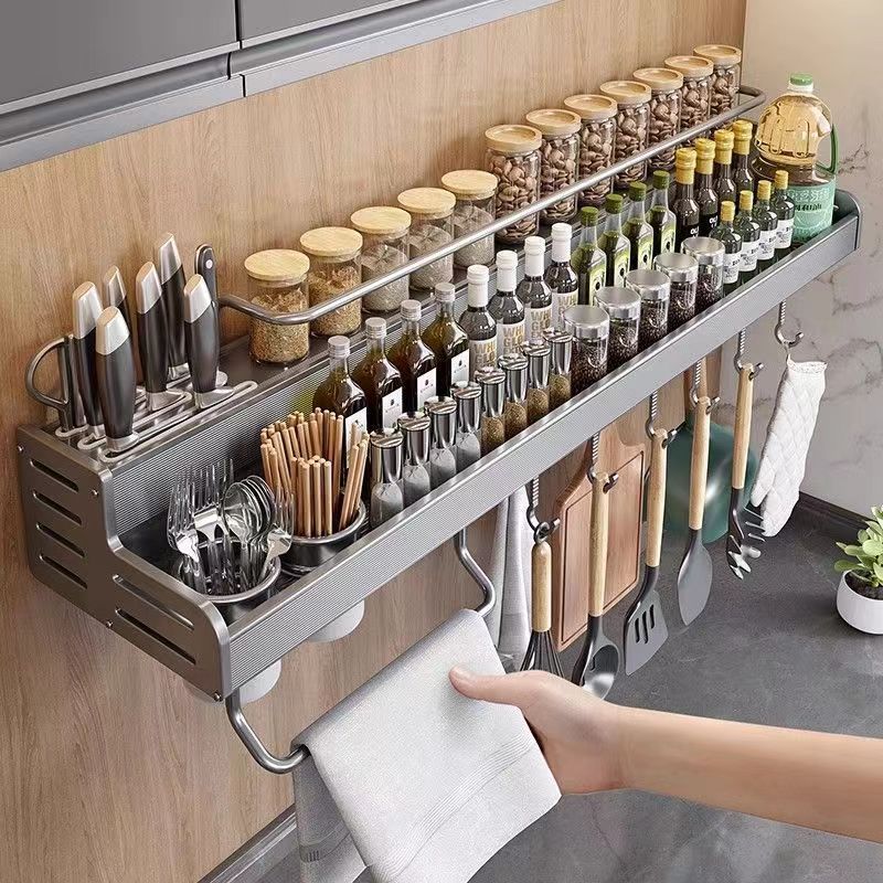 Space Aluminum Wide Kitchen Shelf No Punching Multifunctional Wall Hanging Seasoning Chopsticks Knife Holder Multi-layer Storage Rack