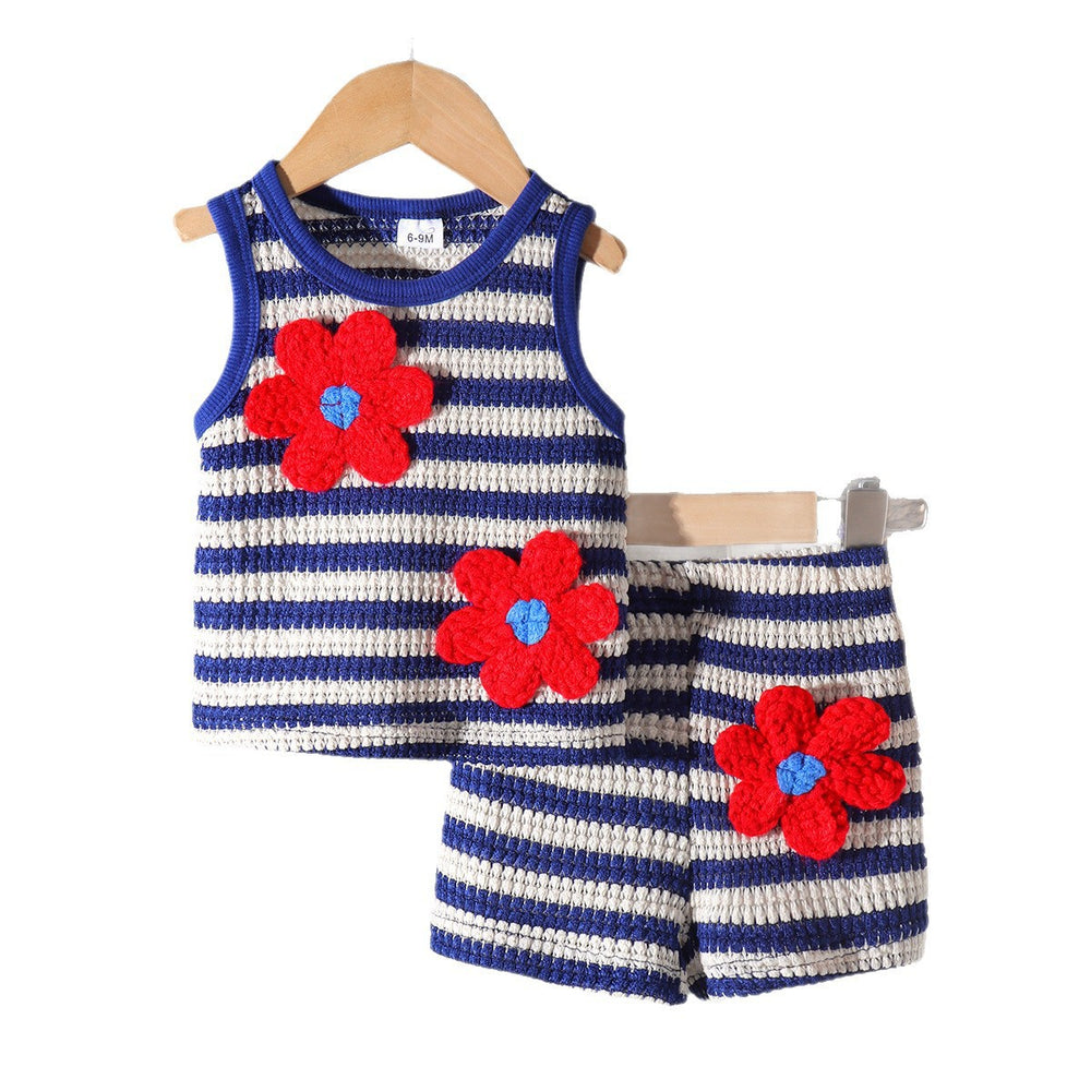 european and american girls' blue striped tank top + shorts baby clothing set