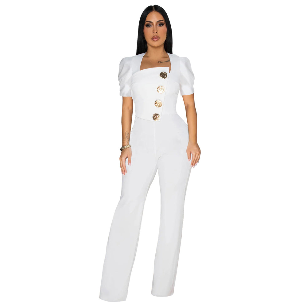 C7378 cross-border   fashion women's large button short sleeve sporty wide leg jumpsuit new