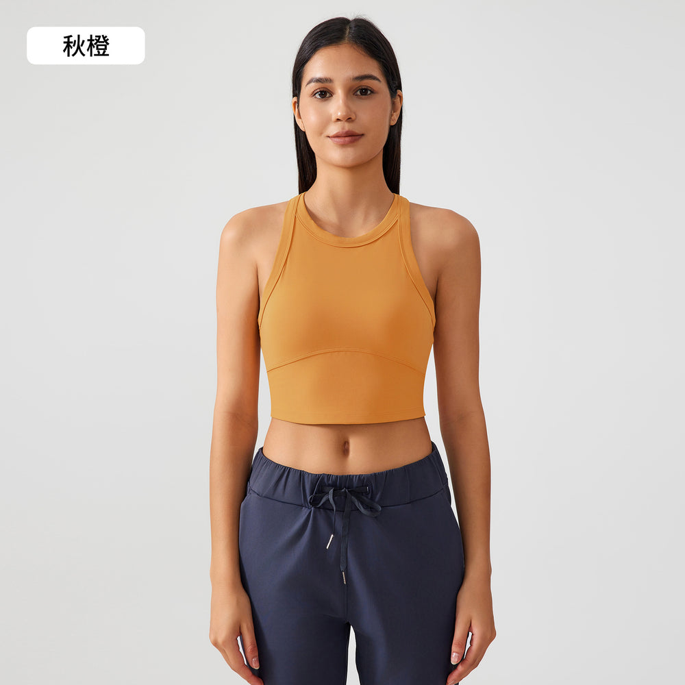 High-stretch yoga tank top for women, featuring built-in bra pads, anti-slip design, shockproof sports bra, high neckline, and side support to minimize underarm bulge. model et001