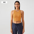 High-stretch yoga tank top for women, featuring built-in bra pads, anti-slip design, shockproof sports bra, high neckline, and side support to minimize underarm bulge. model et001