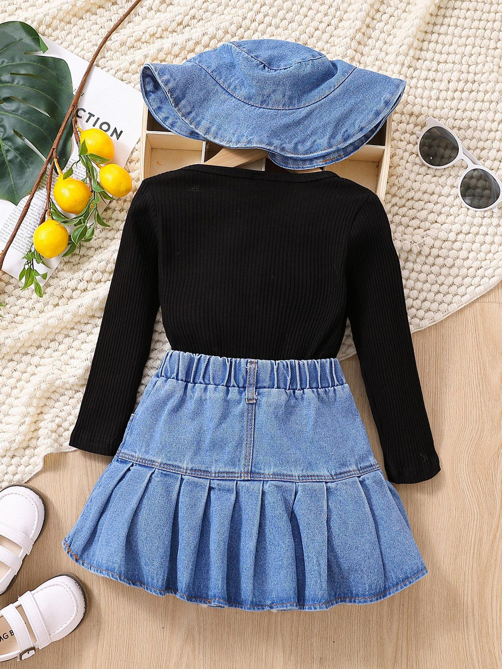 european and american cross-border girls' ribbed v-neck top + denim skirt + hat 3-piece set