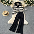Fall and winternew arrival lazy style k-stylecontrast color suit collar stripesknitting shirttopstwo-piece sethigh waistloose pants