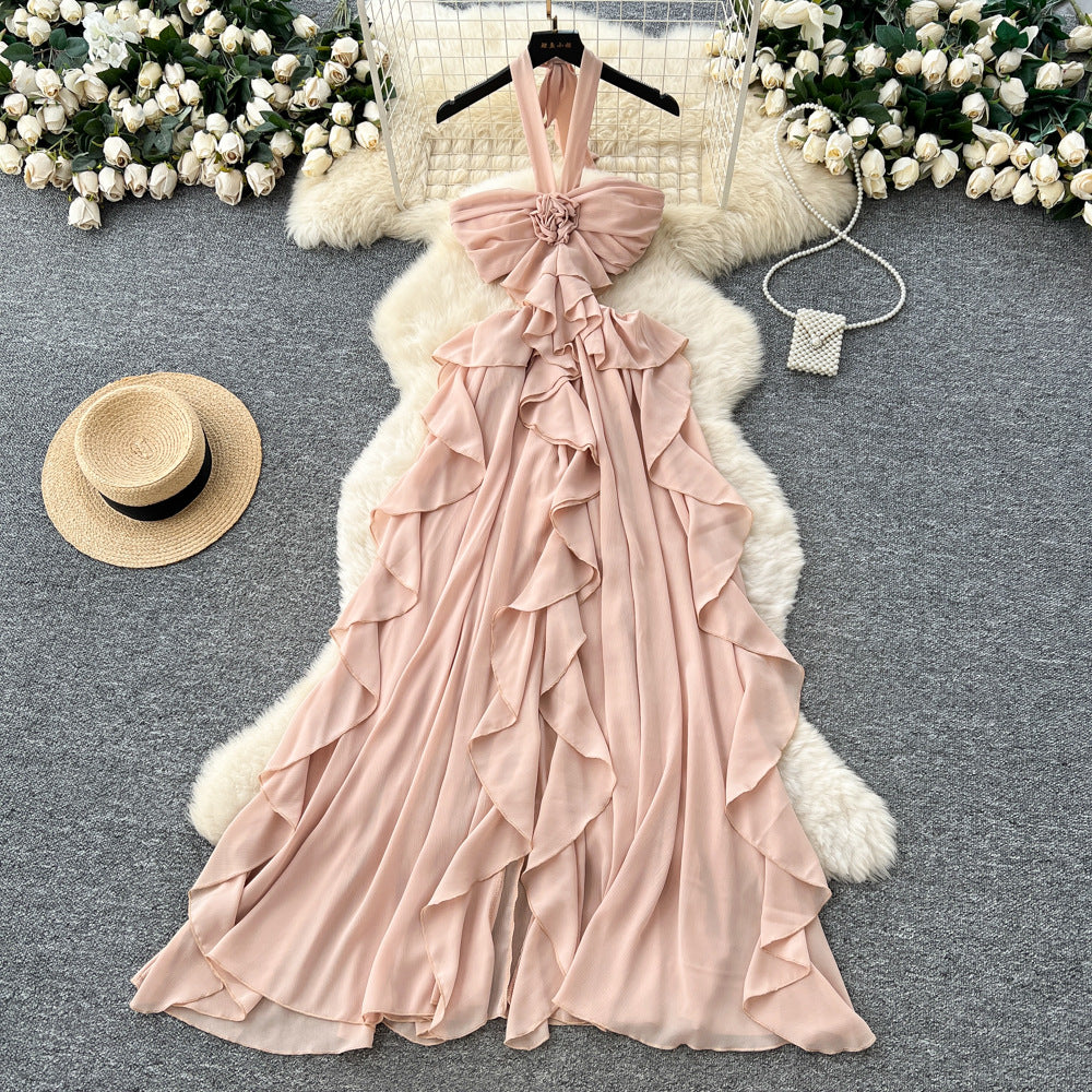 Pure desire style hollow stereo flower halter suspender dress women's vacation outfit rufflestube top long skirt