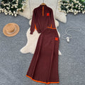 Minimalist color block striped knit power suit: stand collar long sleeve sweater + high waist slim fit long skirt - winter collection