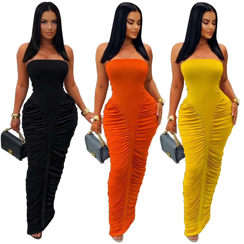C7669 cross-border   fashion women's sexy bandeau solid color bodycon pleated dress