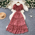 French chic red floral print dress - women's summer korean style ruffle hem a-line maxi dress - slimming and elegant