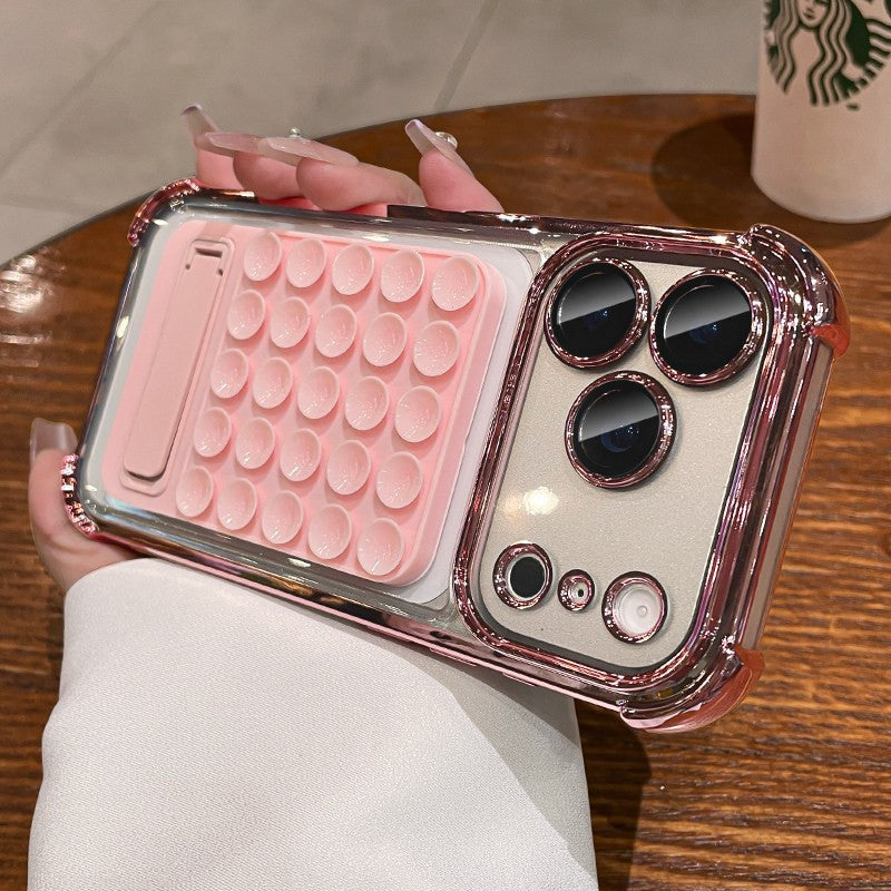Suitable for iphone 17 pro max phone case, electroplated four-corner shockproof silicone suction cup kickstand case, also compatible with iphone 16