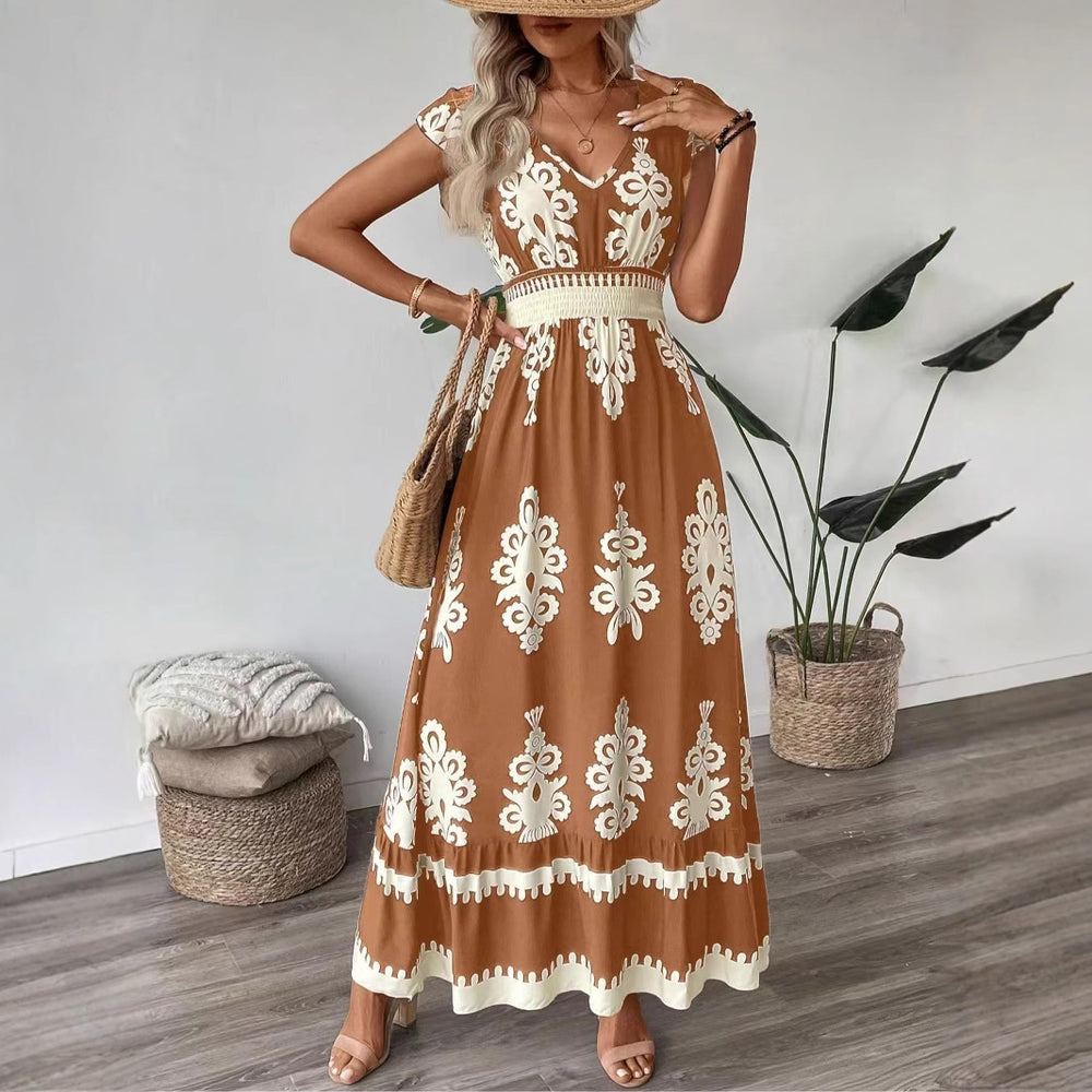 2025 new european and american amazon aliexpress summer fashion printed v-neck waist-defining long dress for women