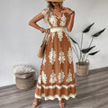 2025 new european and american amazon aliexpress summer fashion printed v-neck waist-defining long dress for women