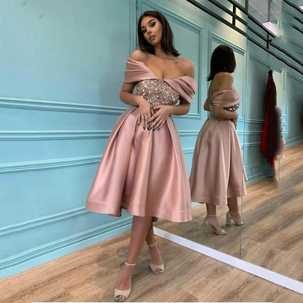 2025 new cross-border women's spring collection: minimalist, elegant, longline, slimming sequin off-the-shoulder evening gown/dress for banquets