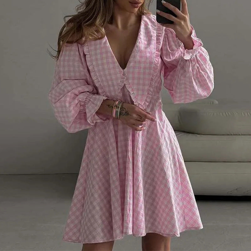 cross-border european and american women's clothing: new summer skirts, fashionable casual plaid lace-trimmed mini dress