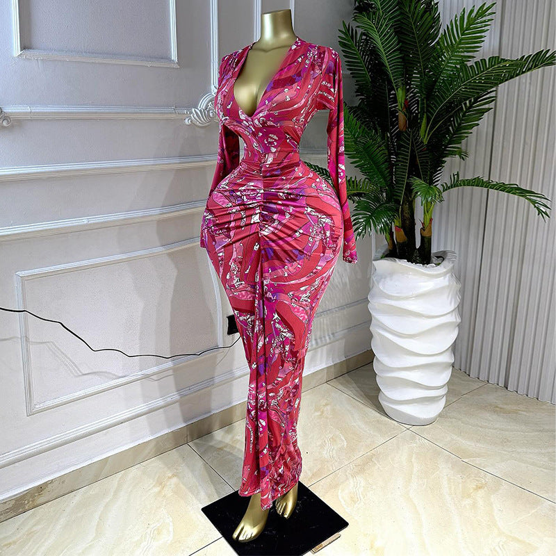 European and american women's clothing  autumn new sweet clear print v-neck high waist slimming bodycon maxi dress