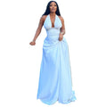 European and american cross-border women's fashion:  autumn new arrivals - sexy and elegant halter neck, cinched waist, slit hem, sleeveless maxi dress