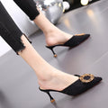 Women's summer outdoor slippers, 2023 new french style rhinestone high heel mules, stiletto heel closed-toe sandals, black