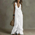 cross-border european and american women's clothing: new summer casual fashion v-neck sleeveless ruffle hem vintage maxi dress