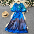 Frenchromantic style puff sleeve tie-dye dress women's summer k-style strappy waist a-line draped long skirt classy sense