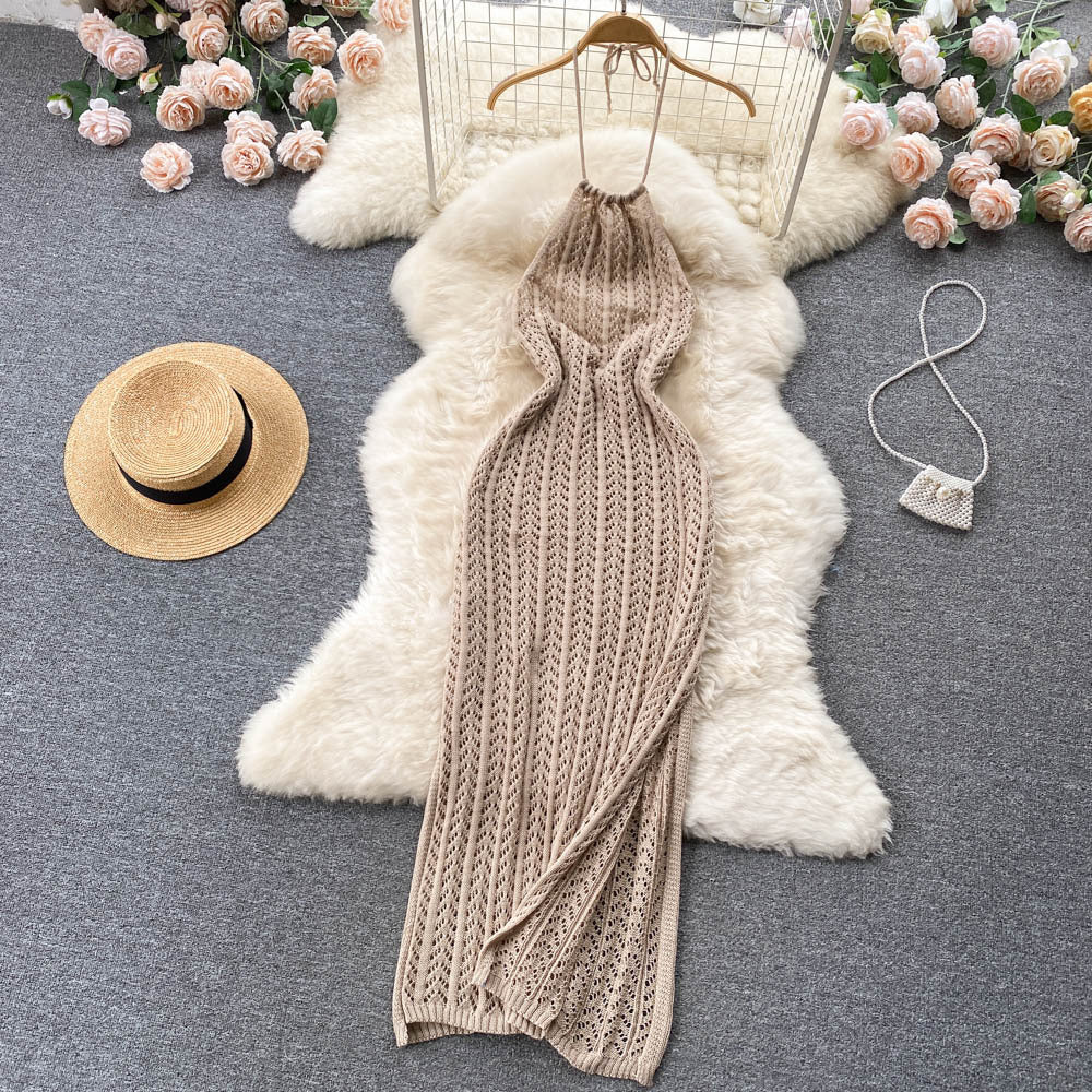 Niche style design classyeleganthalter sleeveless cut outknittingdress women's silm slit vacation dress