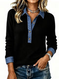Plus size women's fake two-piece shirt denim collar patchwork waffle gridsknitting long sleeves shirt supply