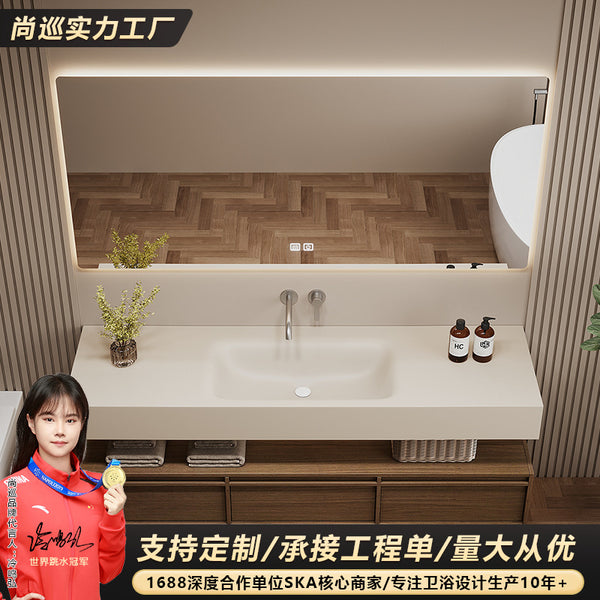 [Customized] Rock slab hot bending integrated basin, bathroom cabinet combination, solid wood bathroom, face wash, hand pool, washstand, bathroom