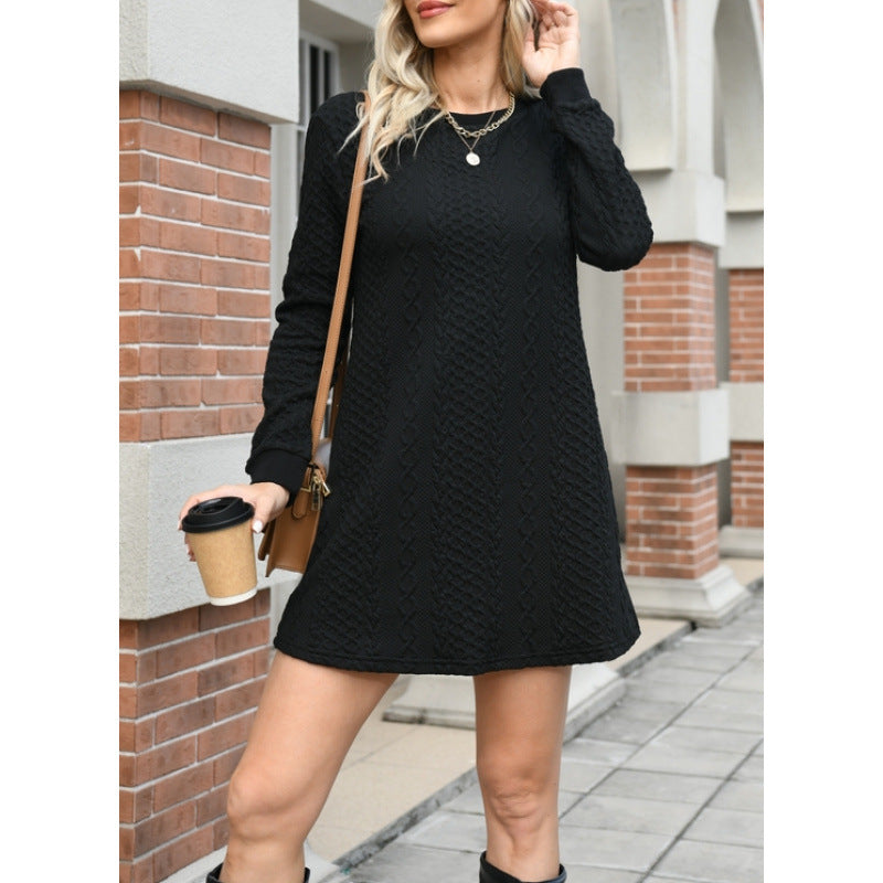 cross-border black cable knit long sleeve knit dress for women