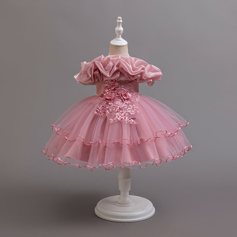 children's one-shoulder tulle princess dress - perfect for weddings, banquets, piano recitals, and parties