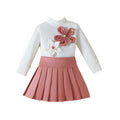 European and american style girls' outfit: new autumn fashion, 3d floral long-sleeve top with solid color pleated skirt set for toddlers and young children