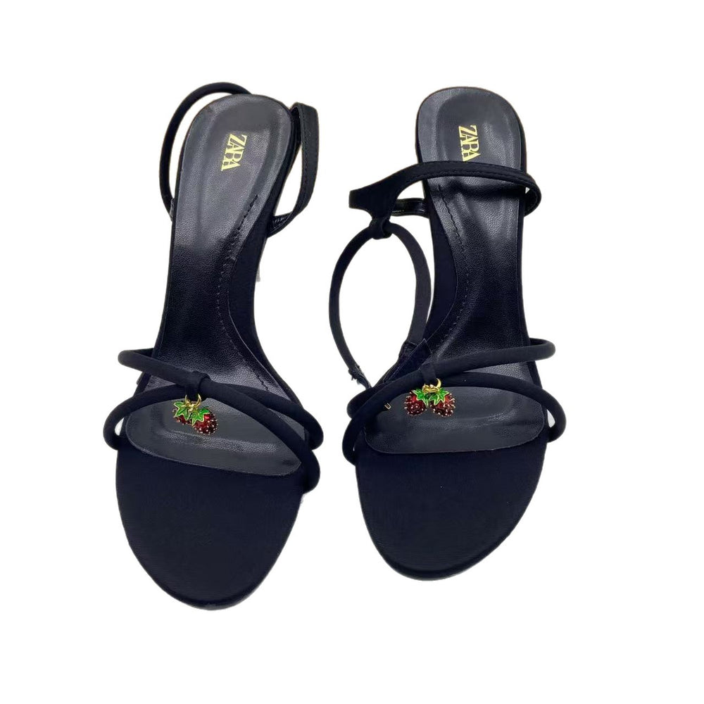 Za women's shoes: new summer 2025 collection - black strappy heeled sandals with rhinestone cherry charm, breathable and casual for outdoor wear