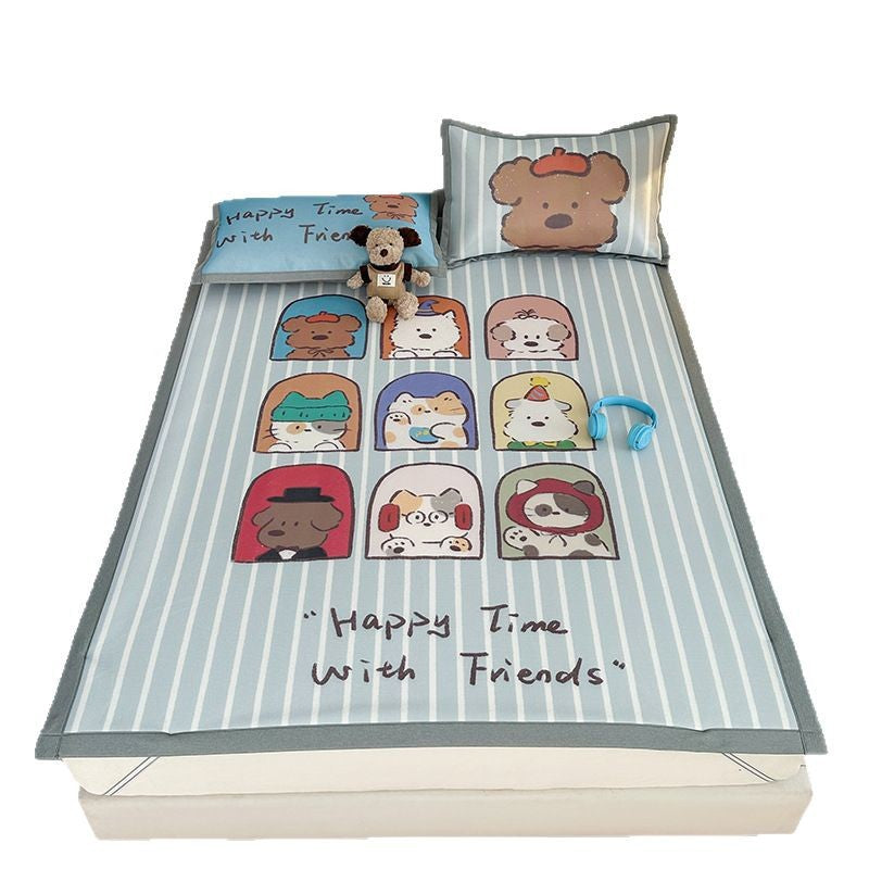 Summer cute ice silk mat three-piece set 1.8 meters single dormitory 0.9 cool silk carbon light foldable soft mat