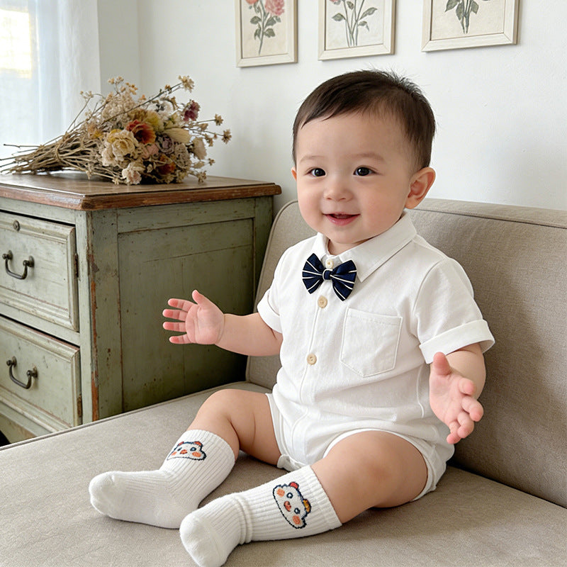Newborn baby boy summer clothes - lightweight romper, newborn bodysuit, summer full month celebration bow tie outfit, first birthday onesie