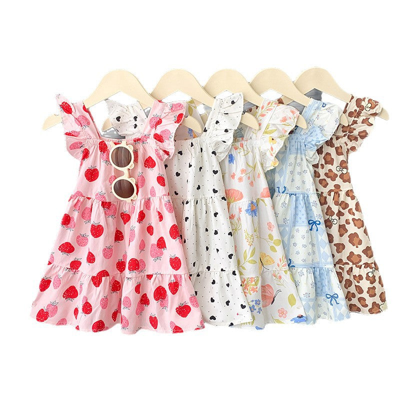 [family wear] children's cotton silk suspender dress sleeveless cake skirt summer thin flying sleeve western style floral skirt