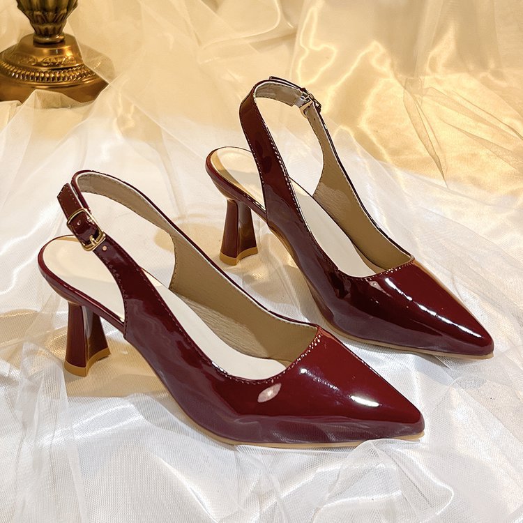 2026 burgundy patent leather pointed-toe sandals - women's high heel slingbacks with buckle strap, versatile and elegant work shoes