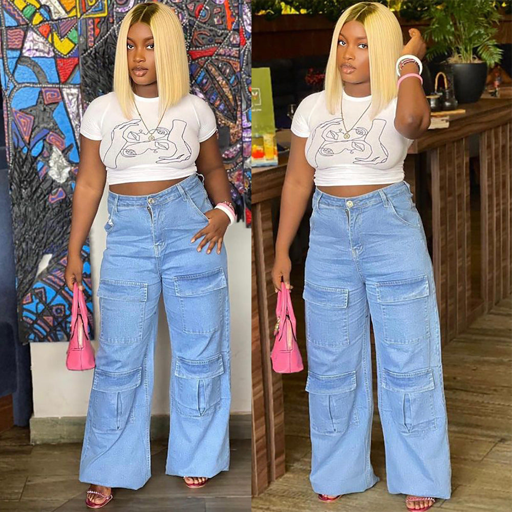 Fashionexport women's clothing  street trendy washed high waistjeans large flap pocket pantsloosecasualstraight-leg pants