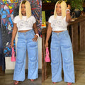 Fashionexport women's clothing  street trendy washed high waistjeans large flap pocket pantsloosecasualstraight-leg pants