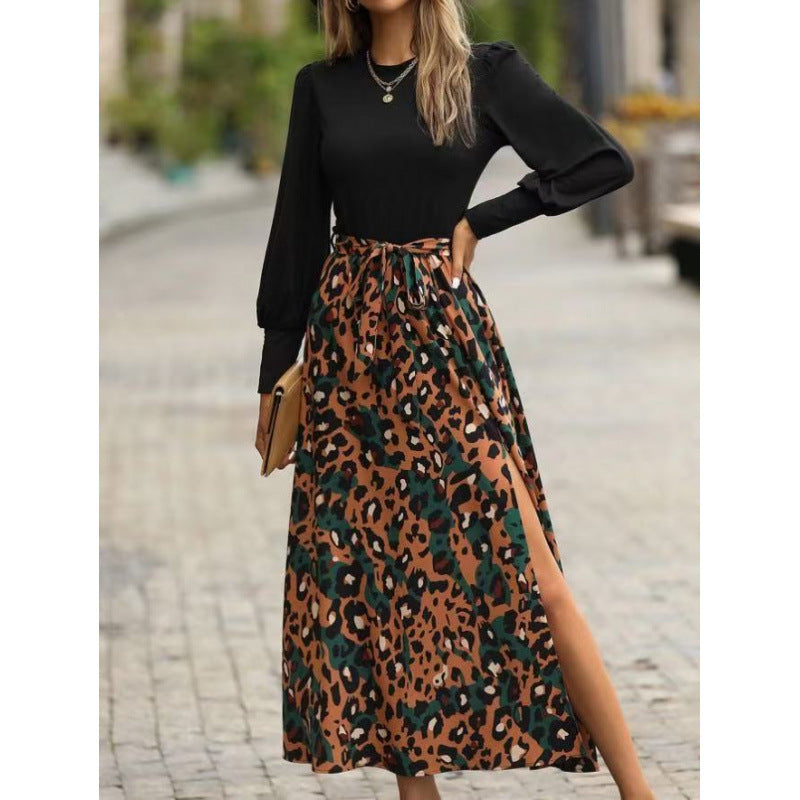 Shipped: cross-border, european and american summer new arrival - women's slim-fit, leopard print panel, slit long sleeve dress