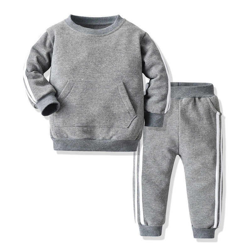 Wholesale trendy kids' two-piece set: round neck, brushed fleece, european & american style, spring/autumn activewear for boys & girls