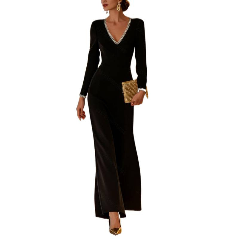 Women's spring/autumn fashionable and elegant v-neck ribbon trim slim-fit long sleeve maxi dress - perfect for casual wear