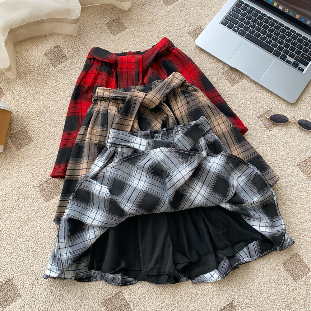 K-style plaid skirt for women  spring and summer high waist a-line skirt with straps asymmetricaleasiest for match layered short skirt
