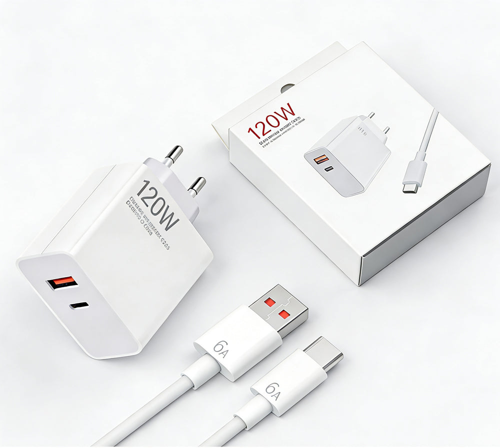 120w dual-port fast charging adapter, eu/uk plug, compatible with apple, huawei, and xiaomi phones