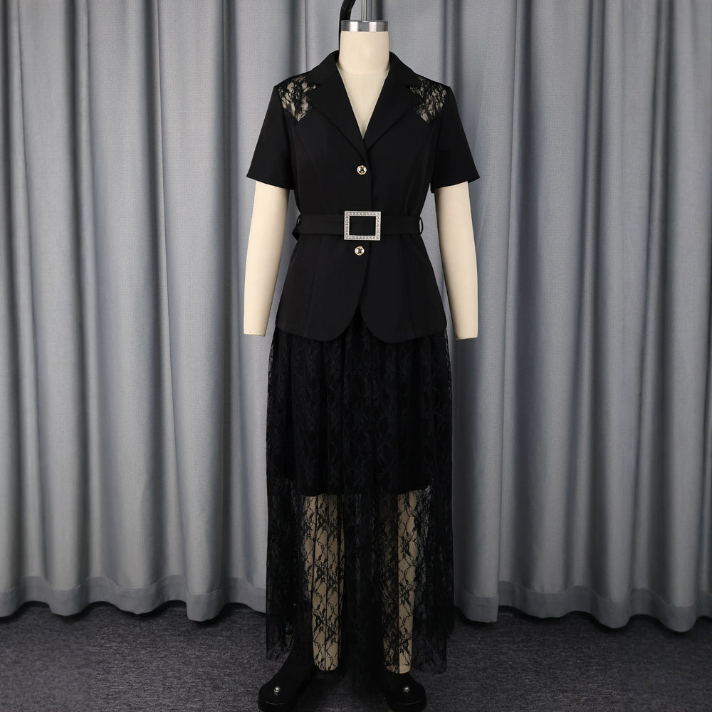 New arrival cross-border lace waist short-sleeved shirt lace double-layer cut out style skirt two-piece set2pcsset