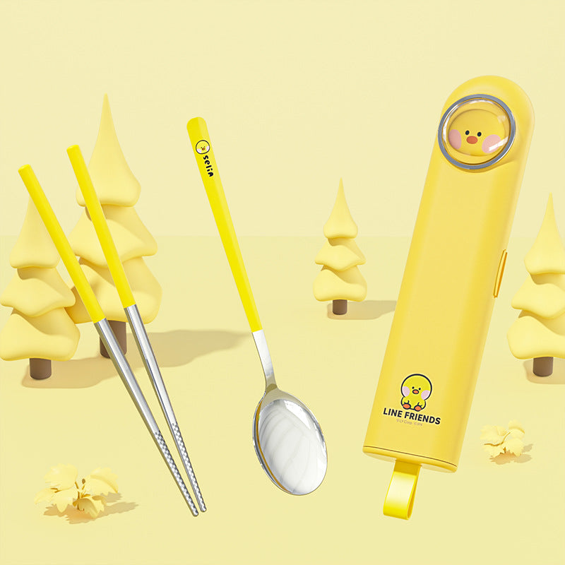 Cartoon cute portable tableware box student spoon chopsticks stainless steel picnic outdoor travel tableware set wholesale