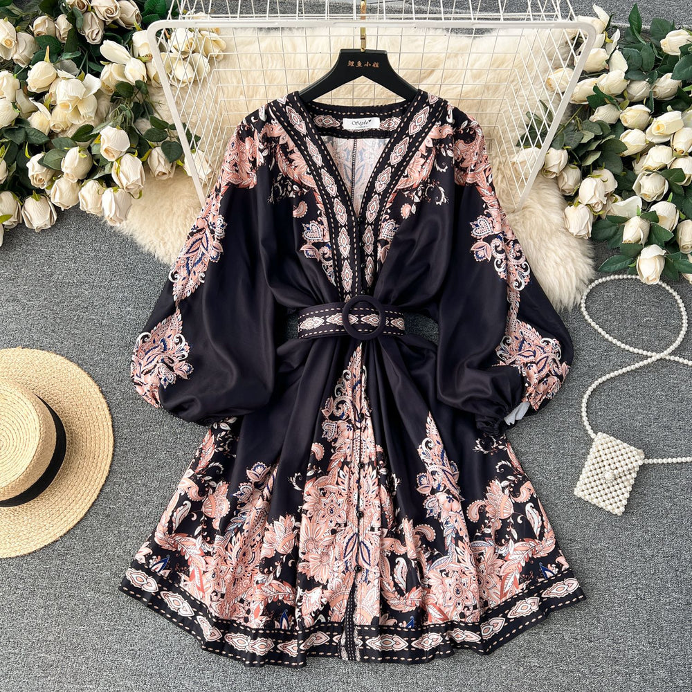 European and american retro court style high-end printed v-neck lantern sleeve cinched waist slimming elegant single-breasted socialite dress