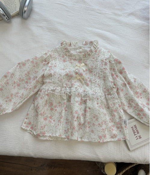 Girls' floral print babydoll top - new korean style, sweet french lace long sleeve cotton top, suitable for all seasons