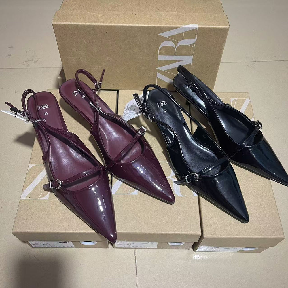 Zar 2024 summer new patent leather stiletto peep-toe sandals - vintage style single strap pointed toe open back ankle strap mules