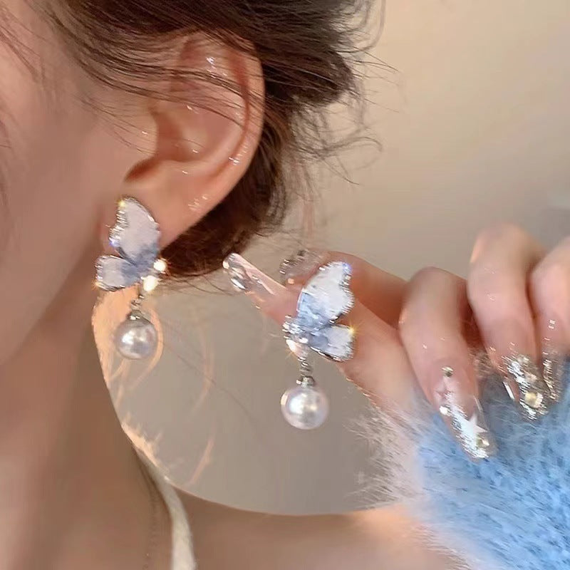 Ins style pearl earrings for women 925 silver needle niche design butterfly earrings accessible luxury high-end earrings earrings earrings