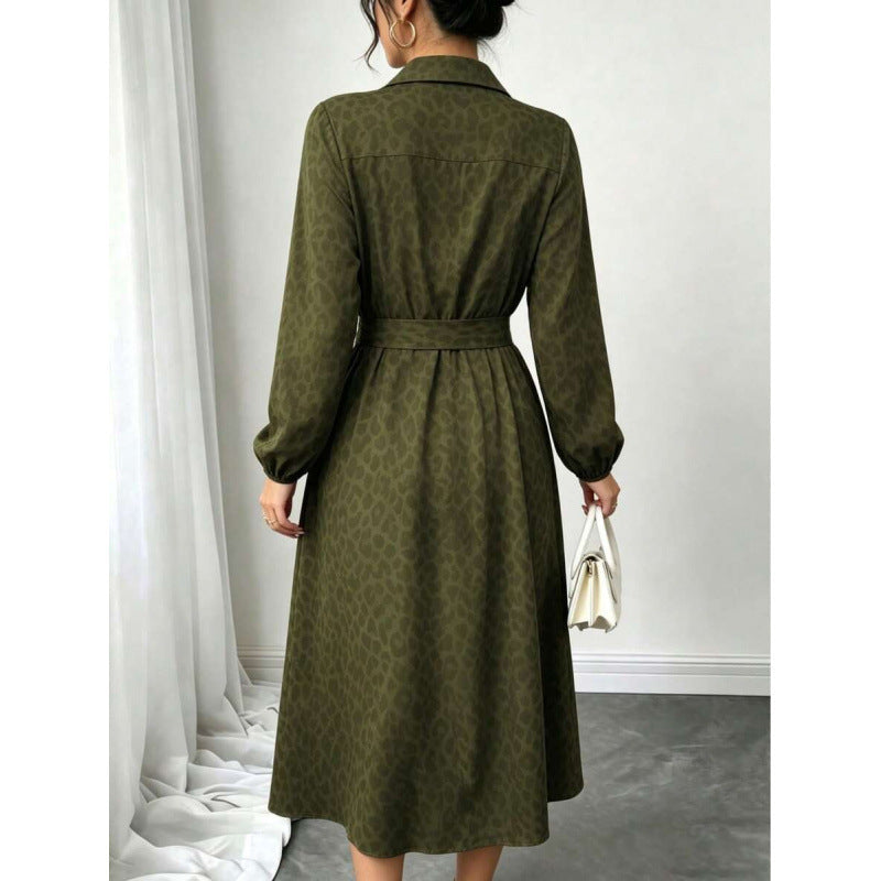 fashioneleganceautumtie back design lapel long sleeves button printing medium longdress women